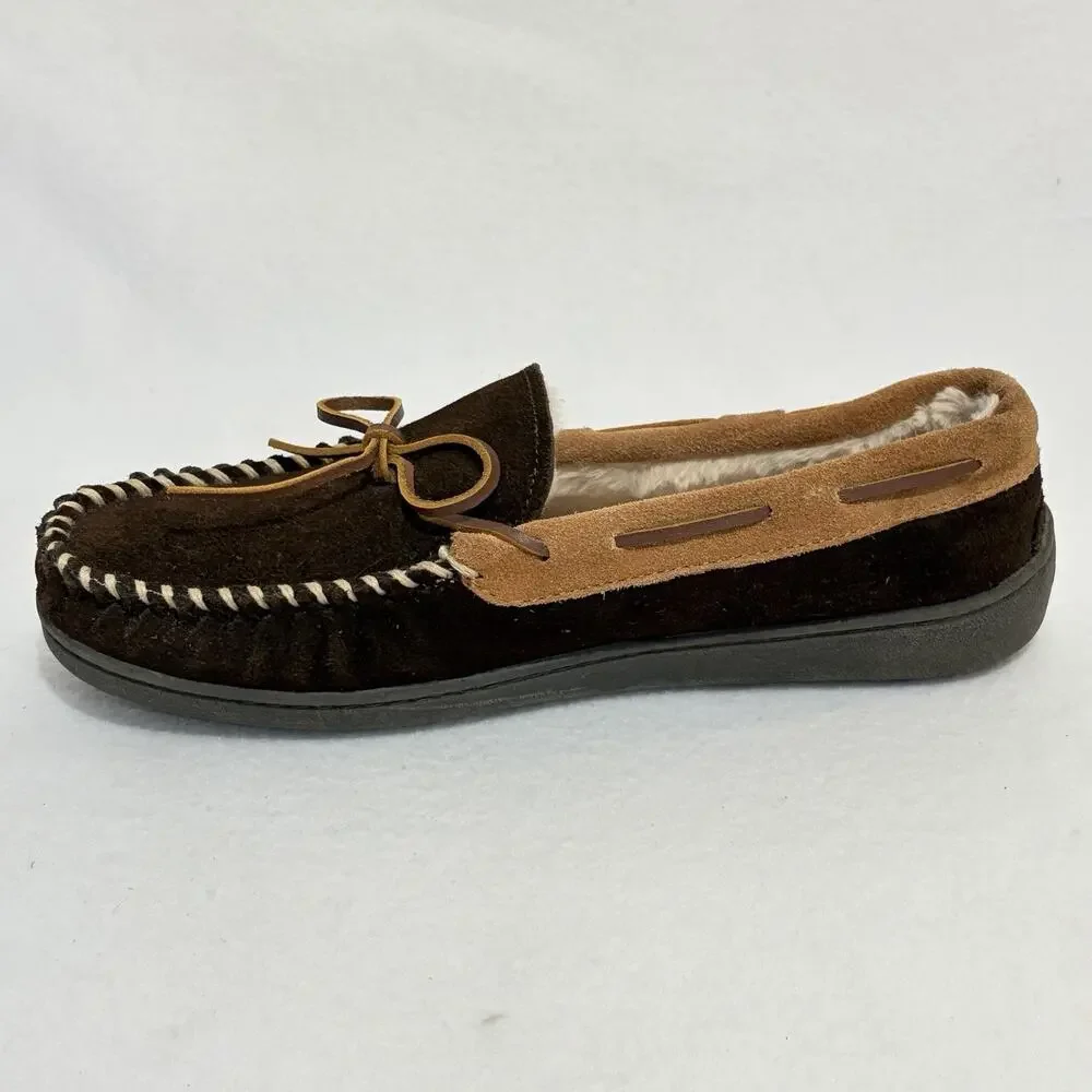 Minnetonka Slippers Mens 9 Pile Lined Hardsole Brown Leather Comfort House Shoes